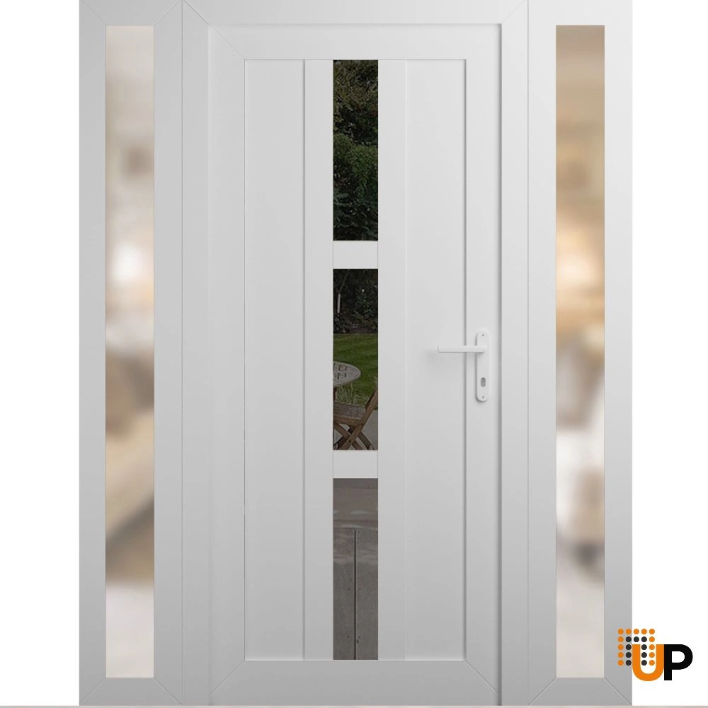 Single swing vinyl modern exterior door with clear glass | Manux 8112 White | 56 x 80 (12+32+12 x 80) photo#1