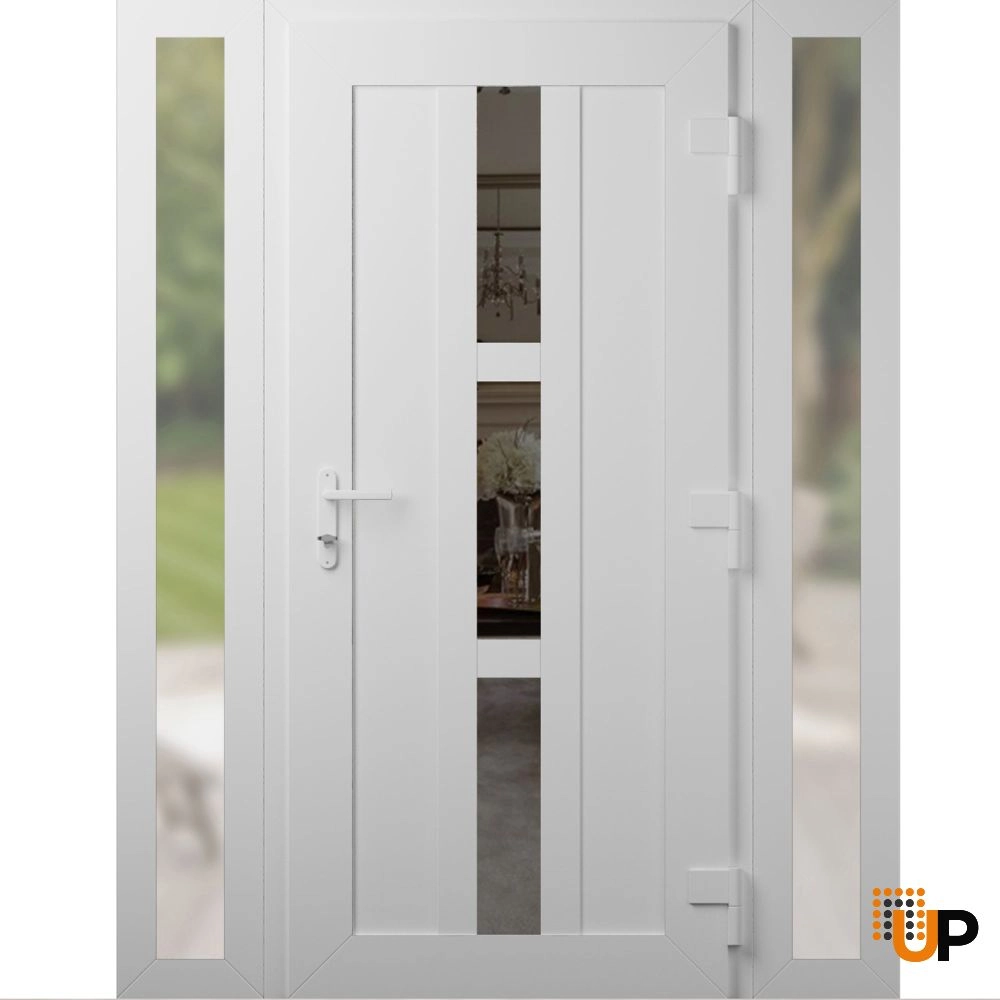 Single swing metal-plastic modern exterior door with tempered | Manux 8112 White | 60 x 80 (12+36+12 x 80) photo#2