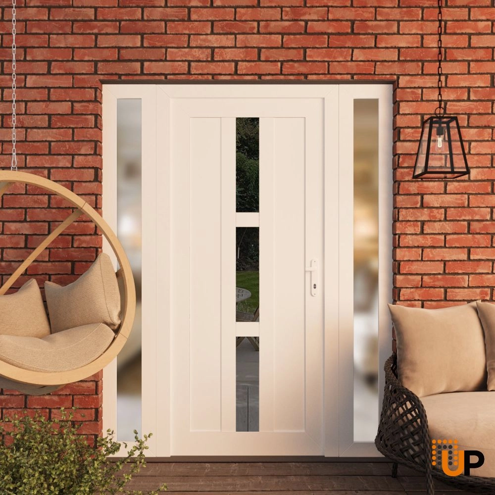 Single swing metal-plastic modern exterior door with tempered | Manux 8112 White | 60 x 80 (12+36+12 x 80) photo#3