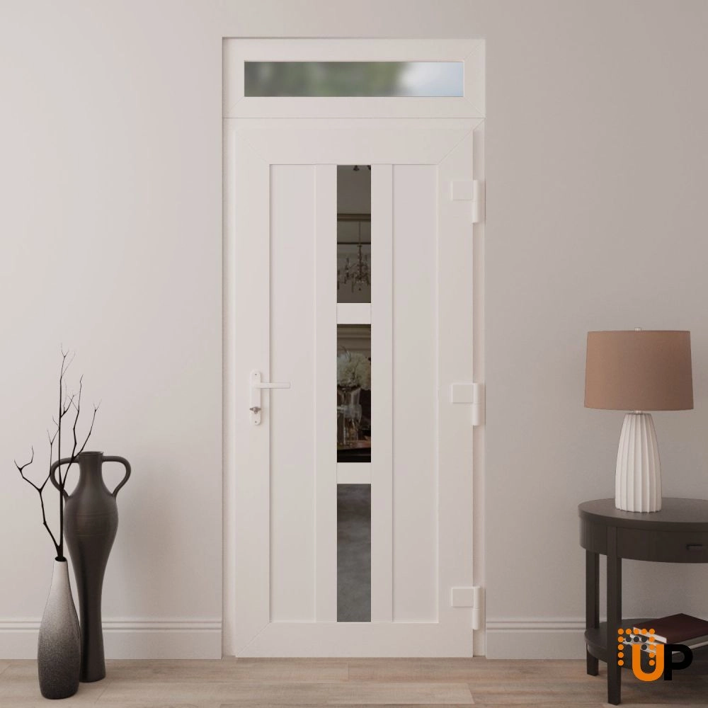 Single swing metal-plastic modern exterior door with tempered | Manux 8112 White | 36 x 94 (36 x 80+14) photo#4