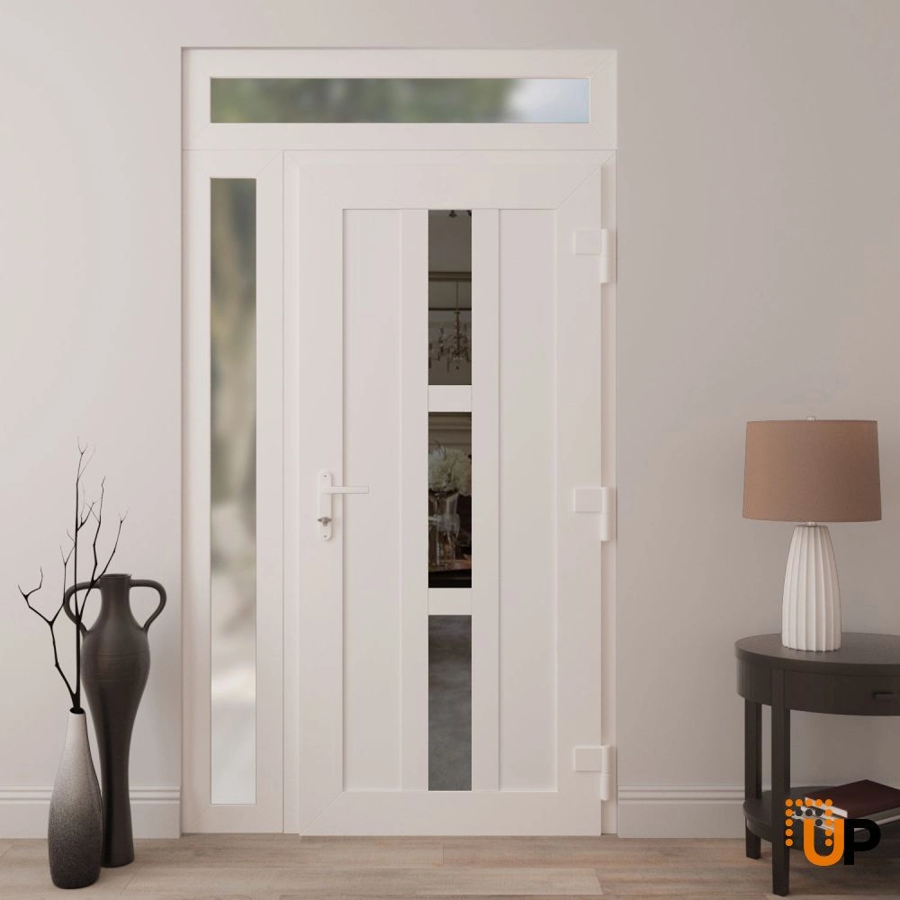 Single swing metal-plastic modern exterior door with tempered | Manux 8112 White | 48 x 94 (36+12 x 80+14) photo#4