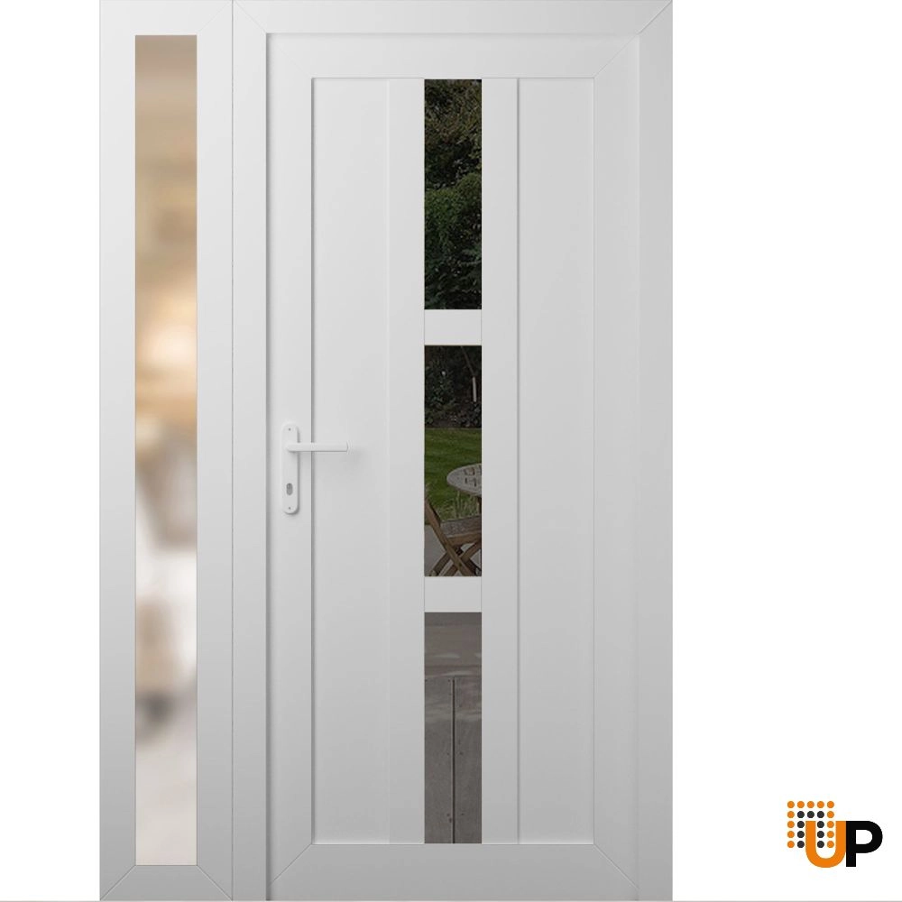 Single swing vinyl modern exterior door with tempered glass | Manux 8112 White | 48 x 80 (36+12 x 80) photo#1