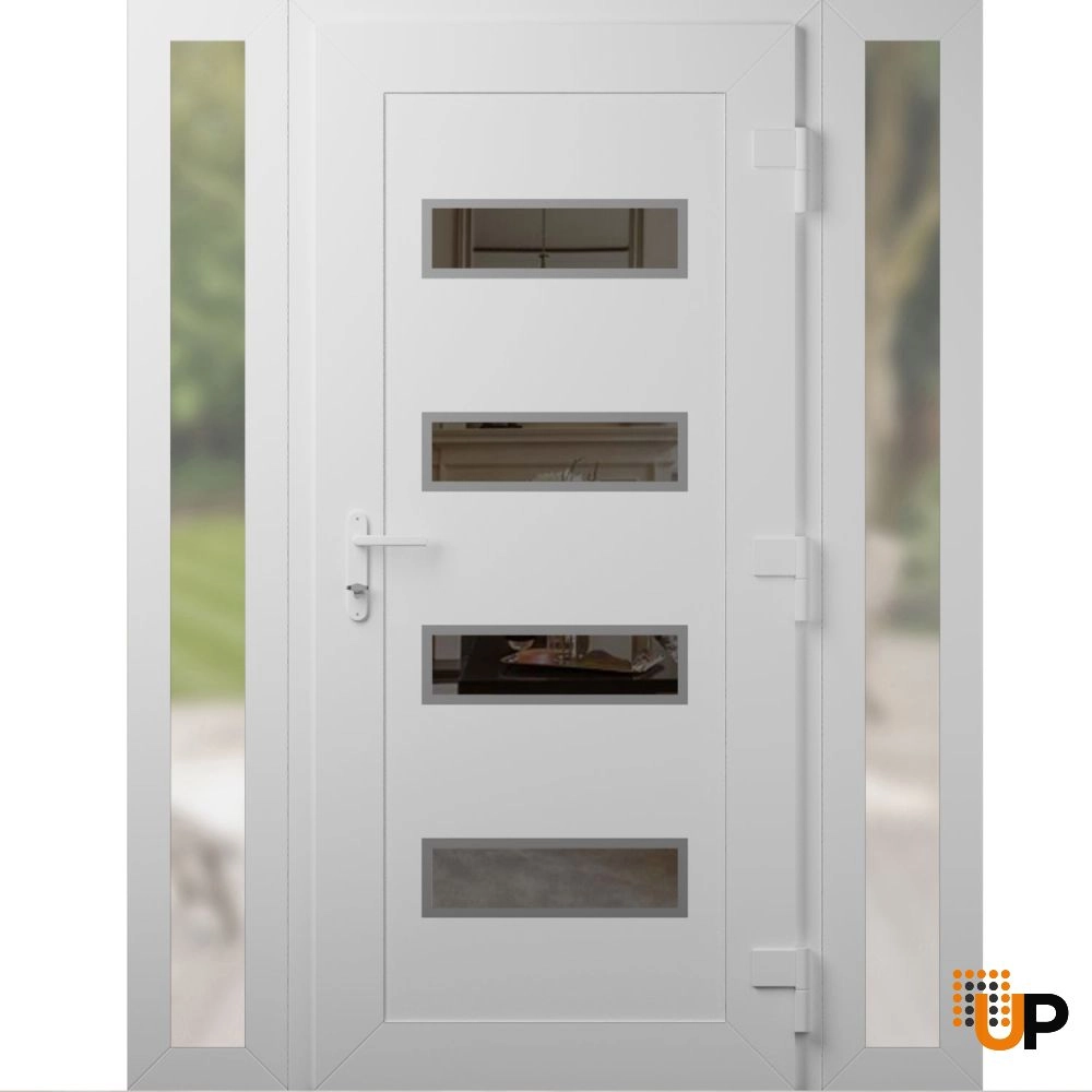 Single swing metal-plastic modern exterior door with tempered | Manux 8113 White | 56 x 80 (12+32+12 x 80) photo#2