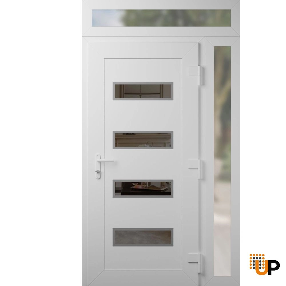 Single swing metal-plastic modern exterior door with tempered | Manux 8113 White | 44 x 94 (32+12 x 80+14) photo#2