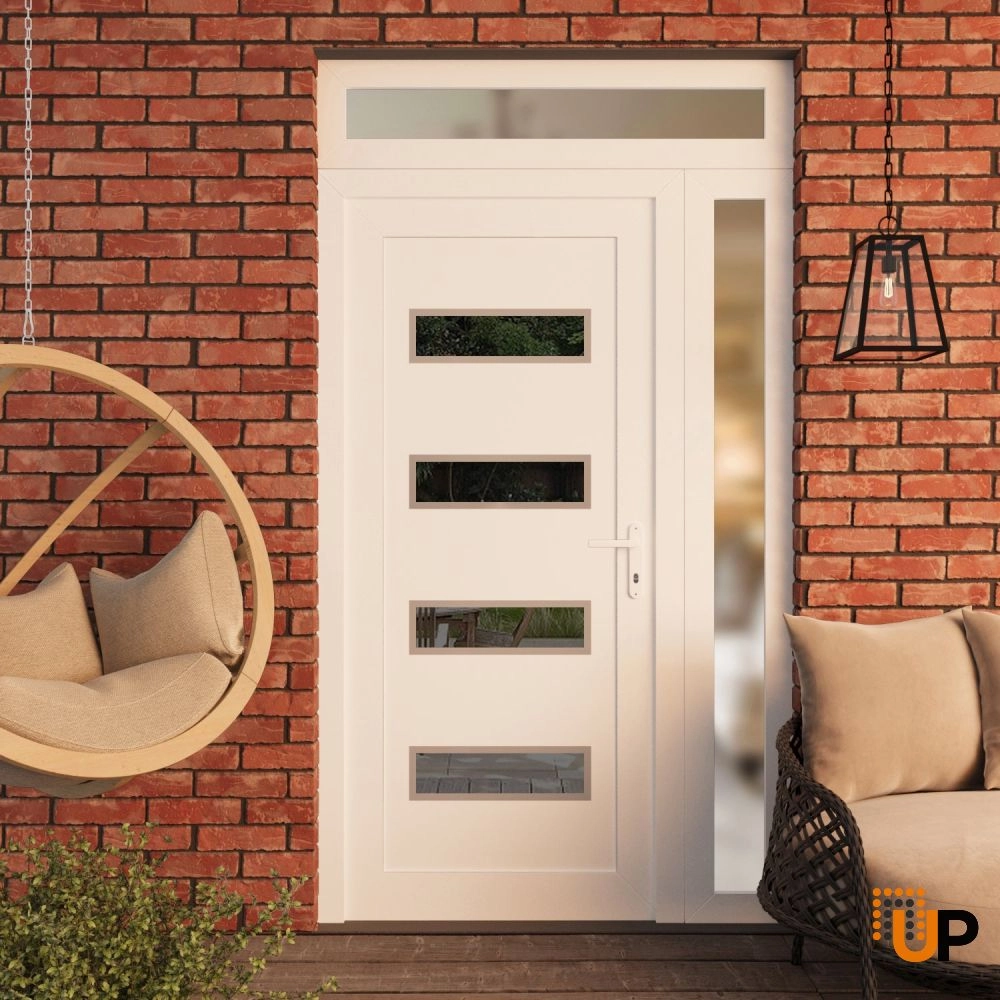 Single swing metal-plastic modern exterior door with tempered | Manux 8113 White | 44 x 94 (32+12 x 80+14) photo#3