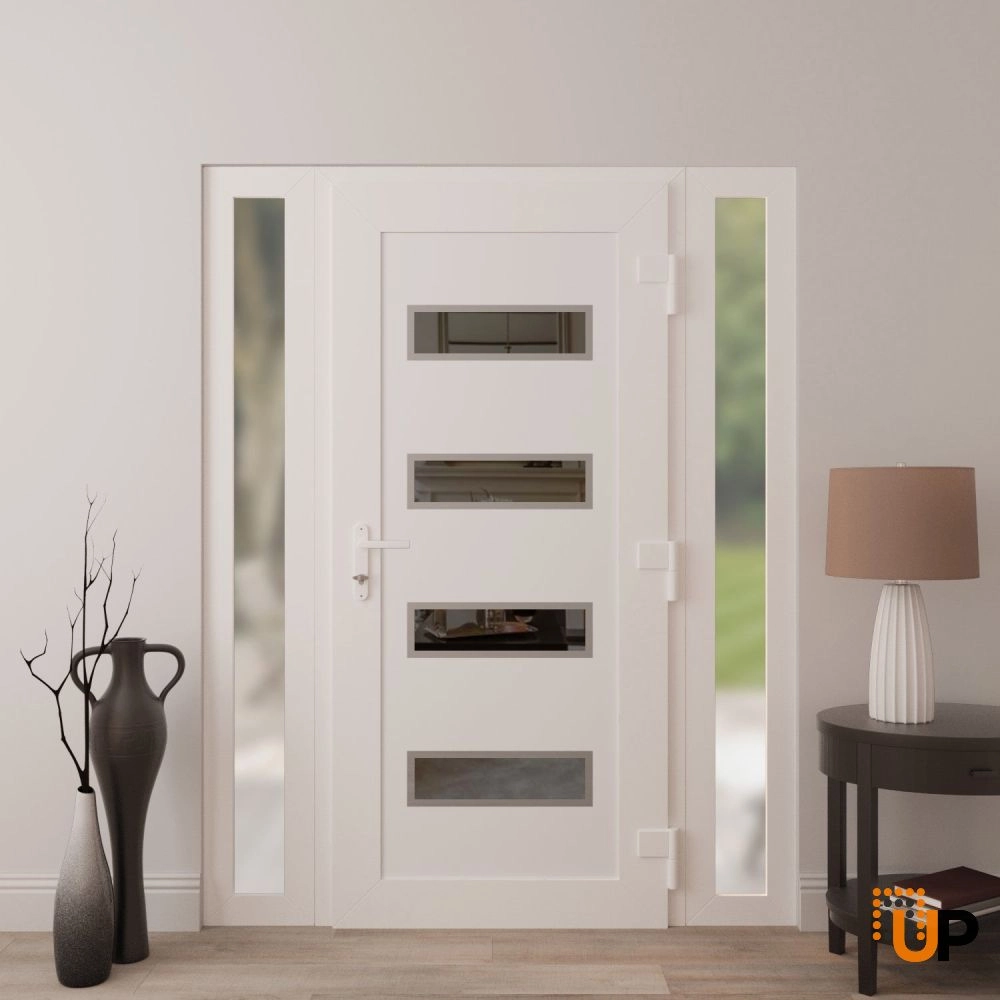 Single swing metal-plastic modern exterior door with tempered | Manux 8113 White | 56 x 80 (12+32+12 x 80) photo#4