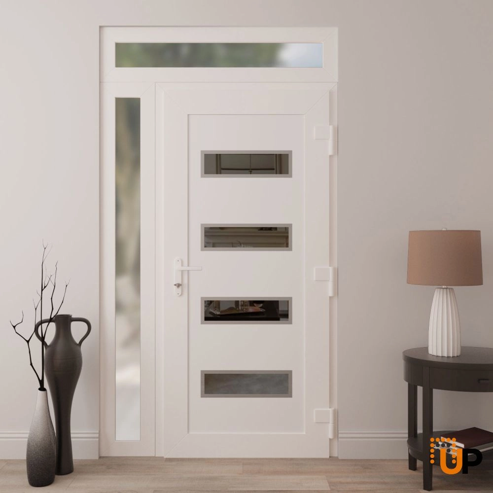 Single swing metal-plastic modern exterior door with tempered | Manux 8113 White | 48 x 94 photo#4
