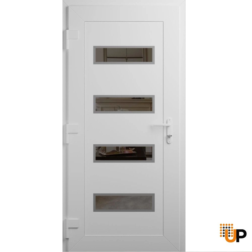 Single swing metal-plastic modern exterior door with tempered | Manux 8113 White | 32 x 80 photo#2