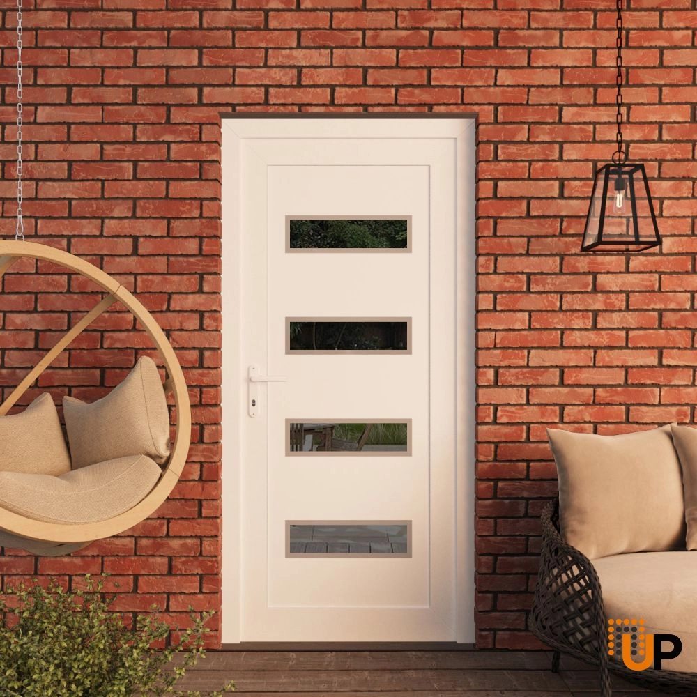Single swing metal-plastic modern exterior door with tempered | Manux 8113 White | 32 x 80 photo#3
