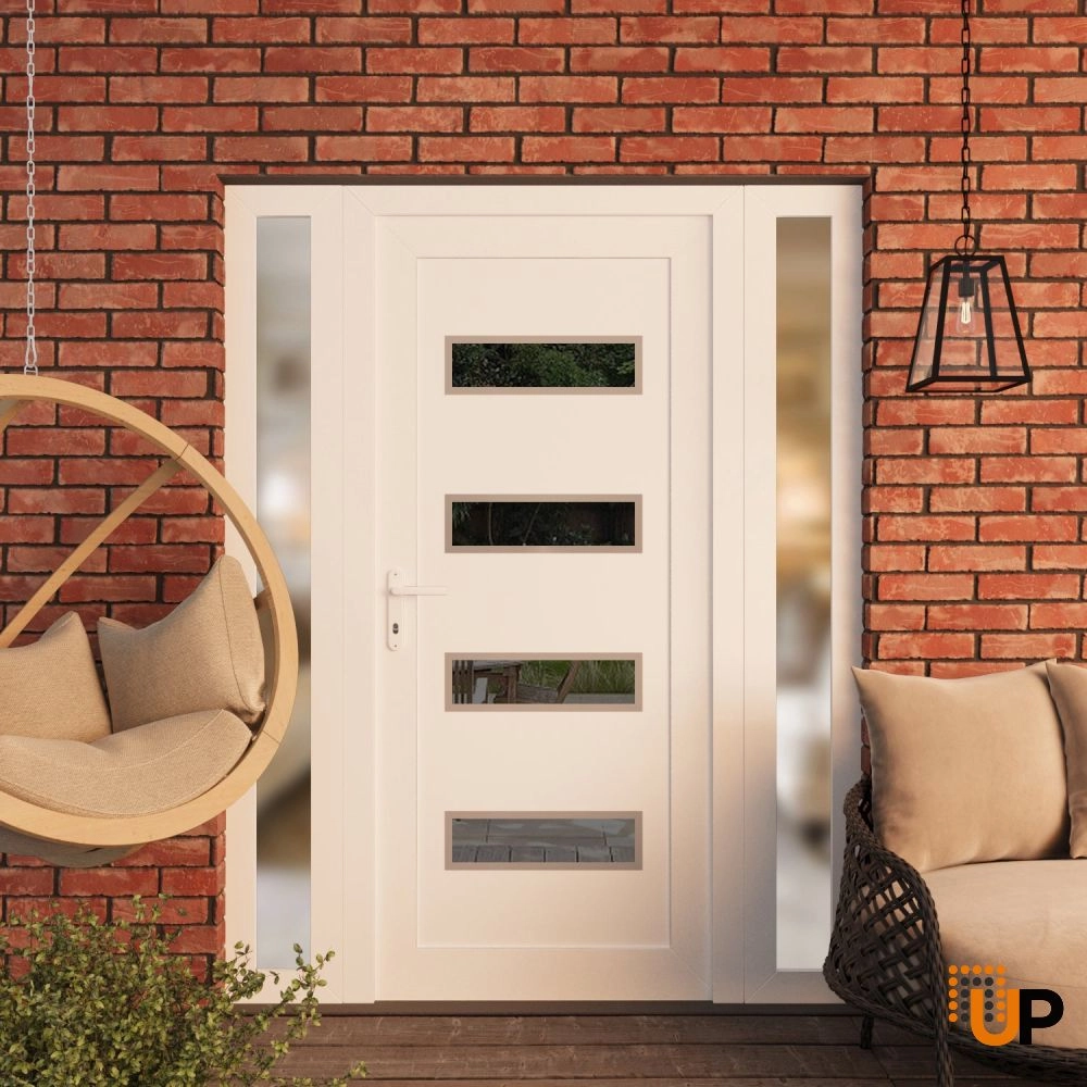 Single swing vinyl modern exterior door with tempered glass | Manux 8113 White | 56 x 80 (12+32+12 x 80) photo#3