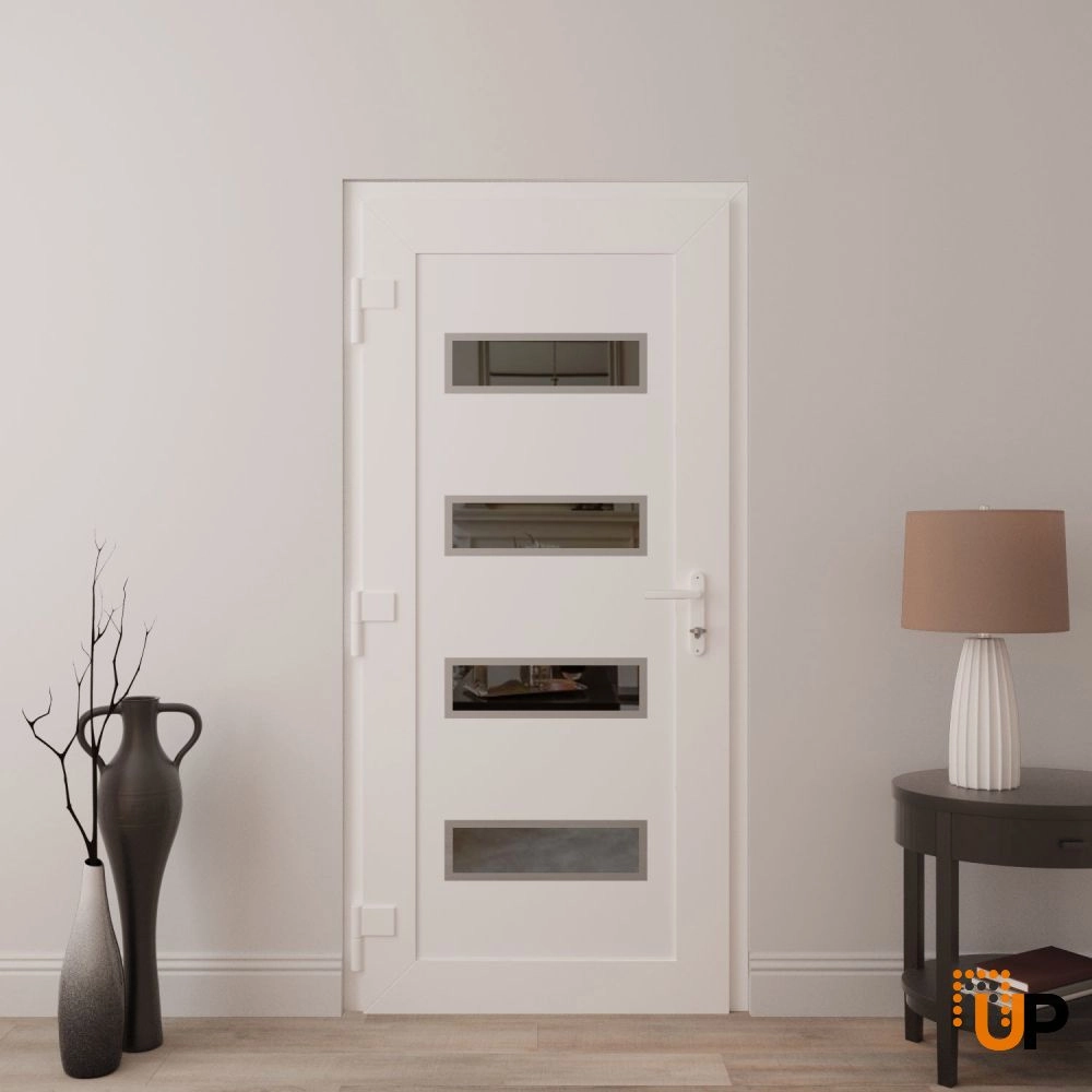 Single swing metal-plastic modern exterior door with tempered | Manux 8113 White | 36 x 80 photo#4