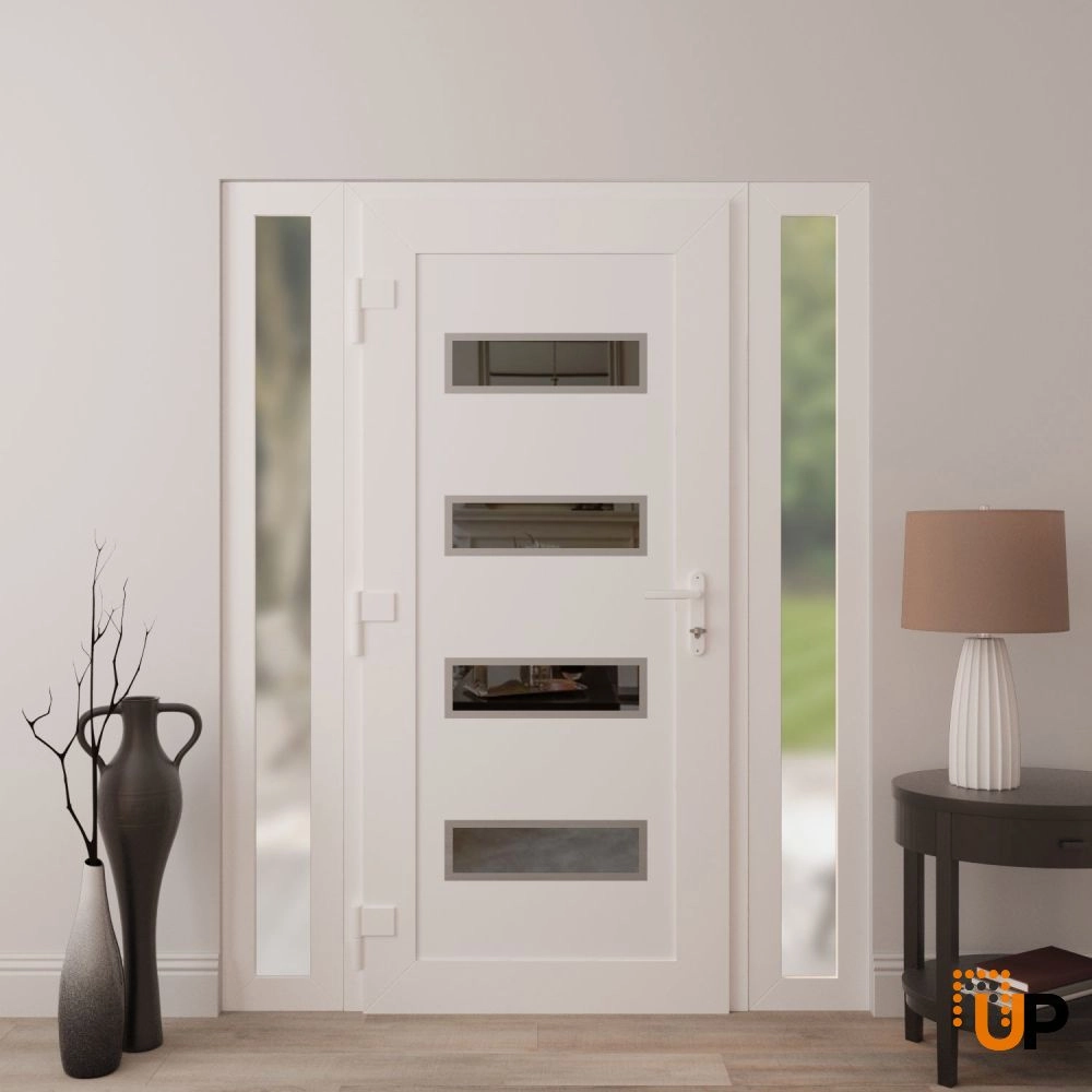 Single swing vinyl modern exterior door with tempered glass | Manux 8113 White | 56 x 80 (12+32+12 x 80) photo#4