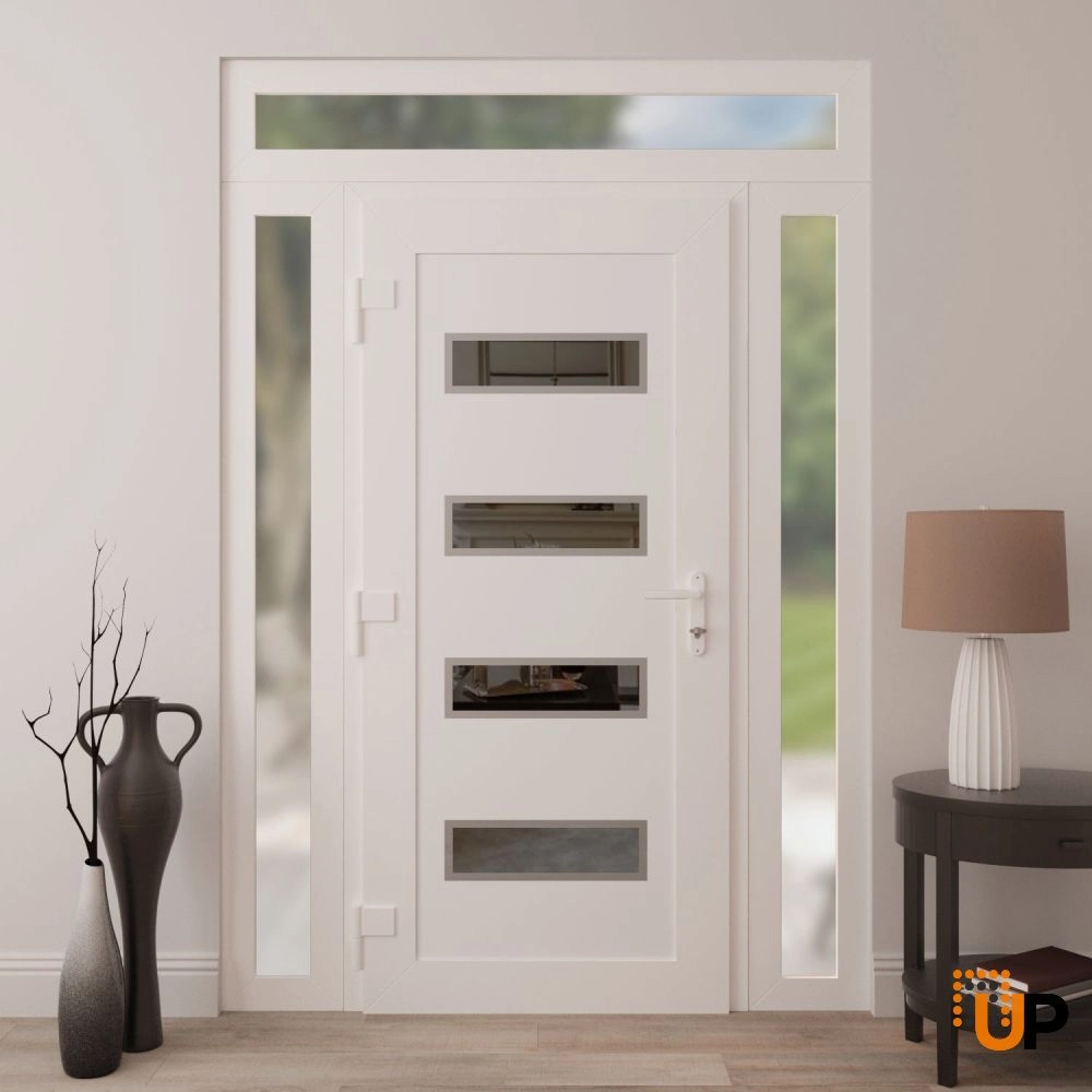 Single swing vinyl modern exterior door with tempered glass | Manux 8113 White | 56 x 94 (12+32+12 x 80+14) photo#4