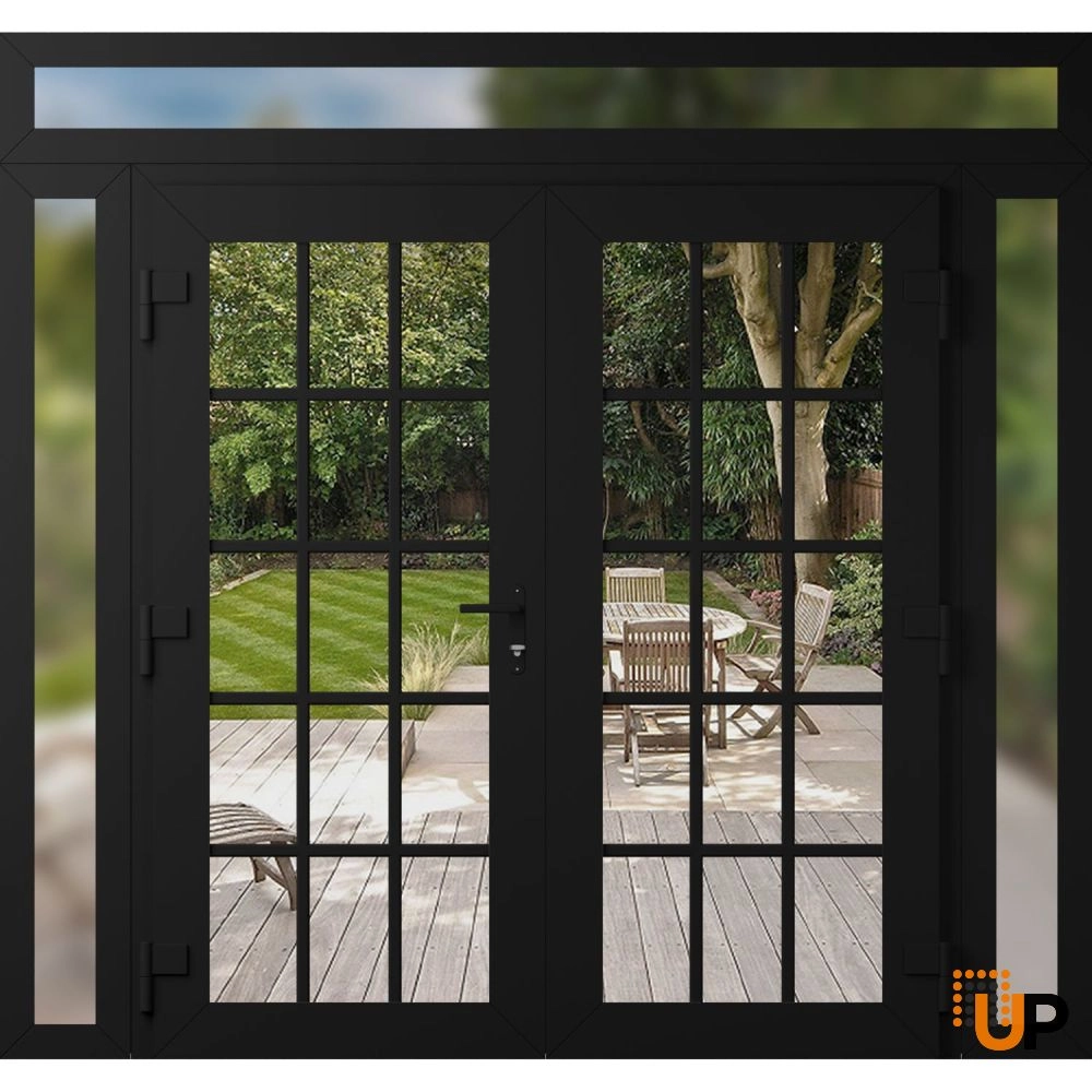 Double swing metal-plastic modern exterior door with clear glass | Manux 8151 Black Matte | 100 x 94 (14+72+14 x 80+14) photo#2