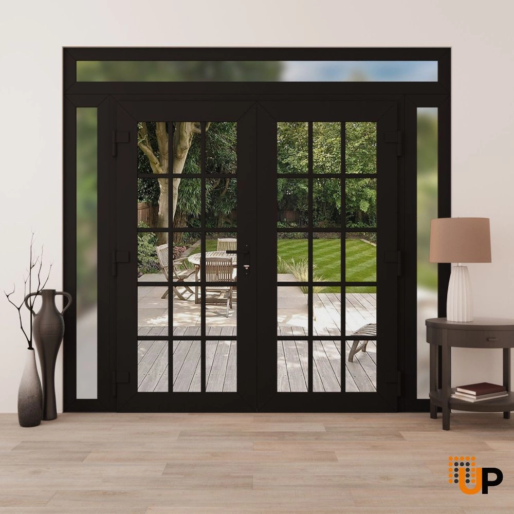 Double swing metal-plastic modern exterior door with clear glass | Manux 8151 Black Matte | 100 x 94 (14+72+14 x 80+14) photo#4