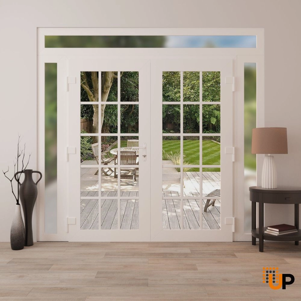 Double swing metal-plastic modern exterior door with clear glass | Manux 8151 White | 100 x 94 (14+72+14 x 80+14) photo#4