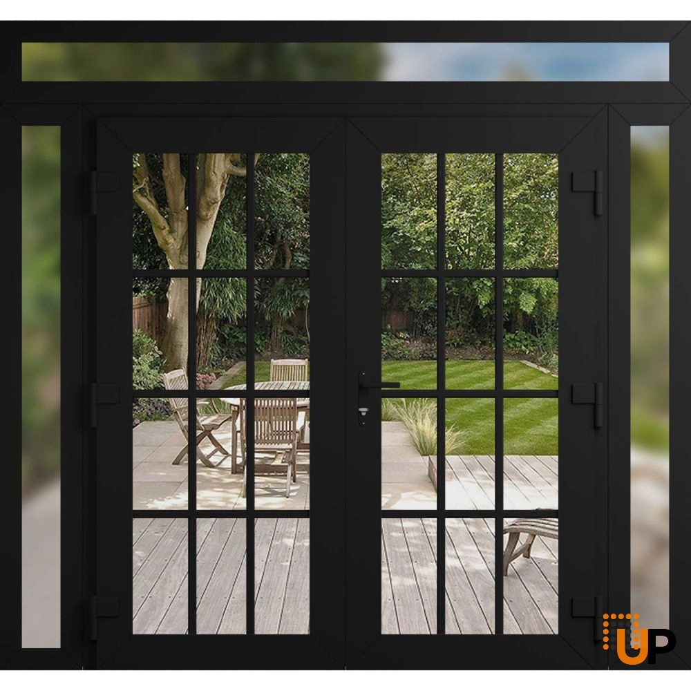 Double swing vinyl modern exterior door with clear glass | Manux 8355 Black Matte | 96 x 96 (12+72+12 x 80+16) photo#2