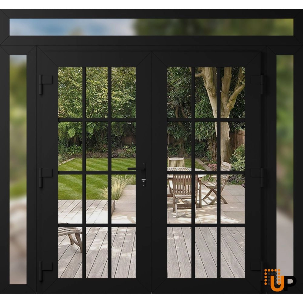Double swing metal-plastic modern exterior door with clear glass | Manux 8355 Black Matte | 100 x 94 (14+72+14 x 80+14) photo#2