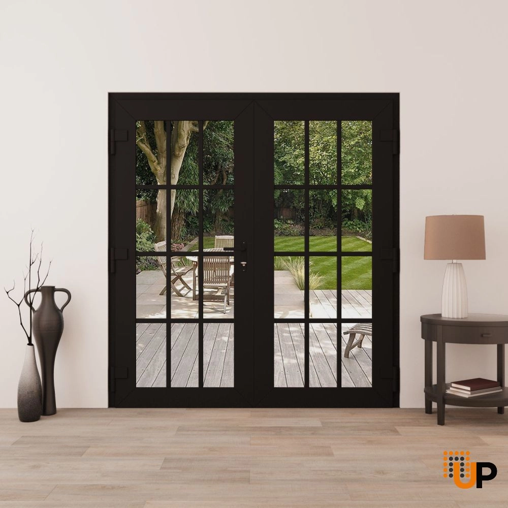 Double swing metal-plastic modern exterior door with clear glass | Manux 8355 Black Matte | 72 x 80 photo#4
