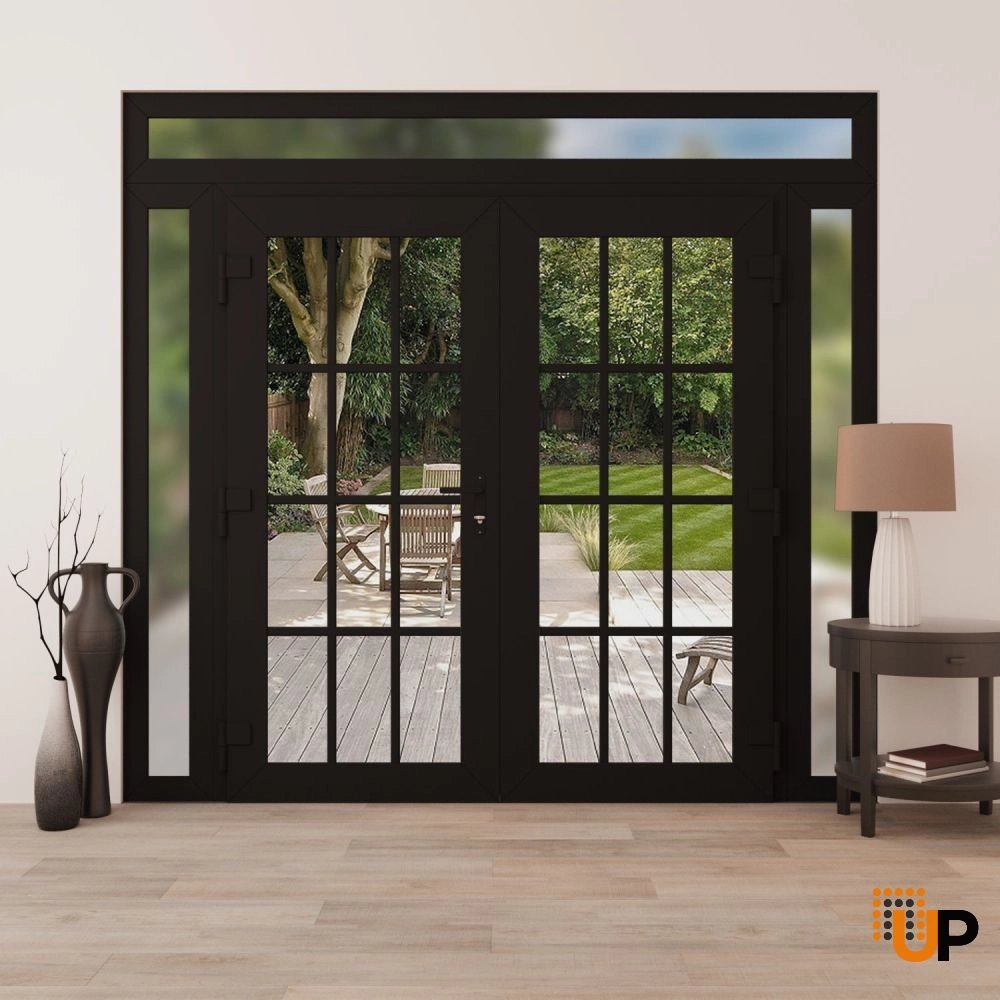 Double swing metal-plastic modern exterior door with clear glass | Manux 8355 Black Matte | 100 x 94 (14+72+14 x 80+14) photo#4