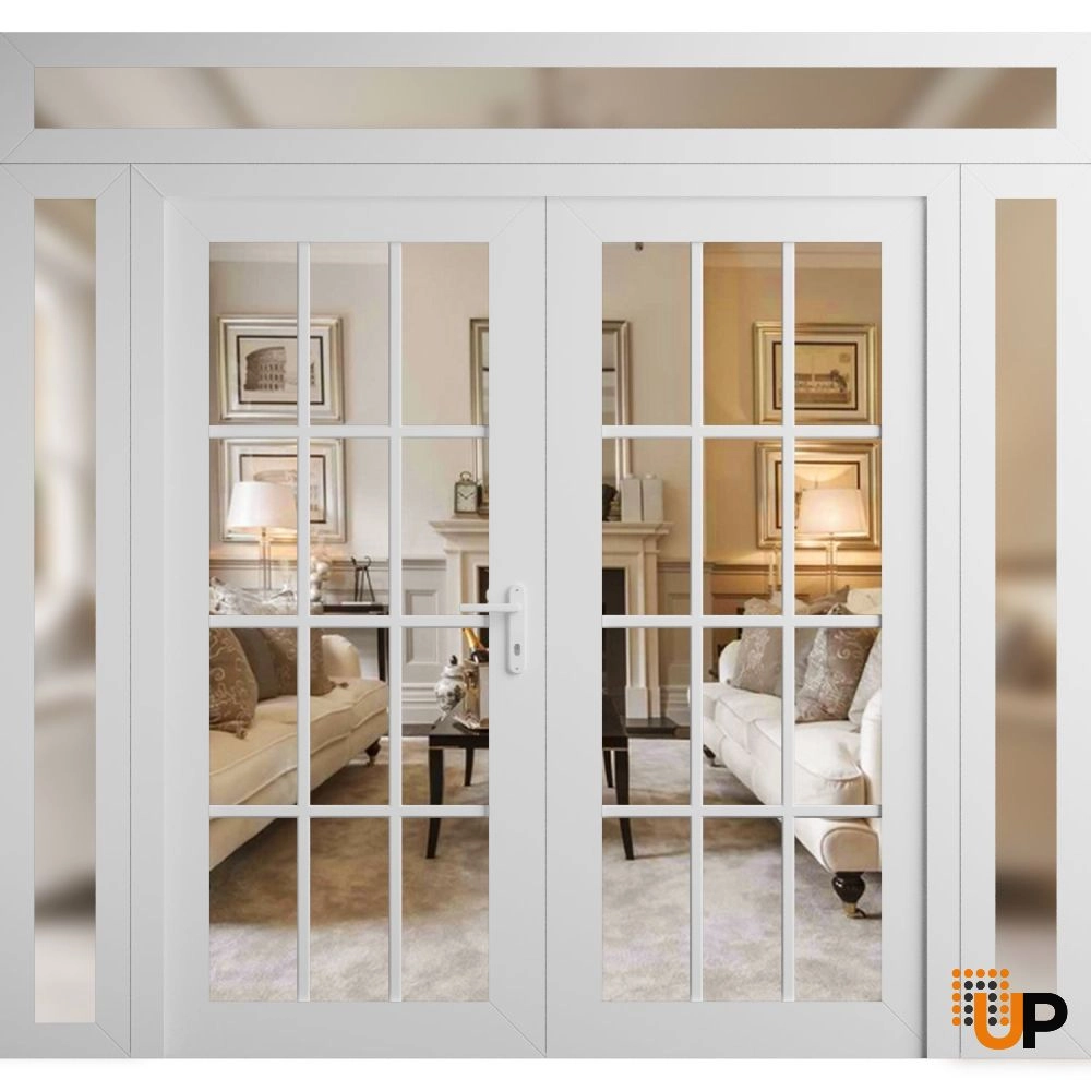 Double swing vinyl modern exterior door with clear glass | Manux 8355 White | 100 x 96 (14+72+14 x 80+16) photo#1