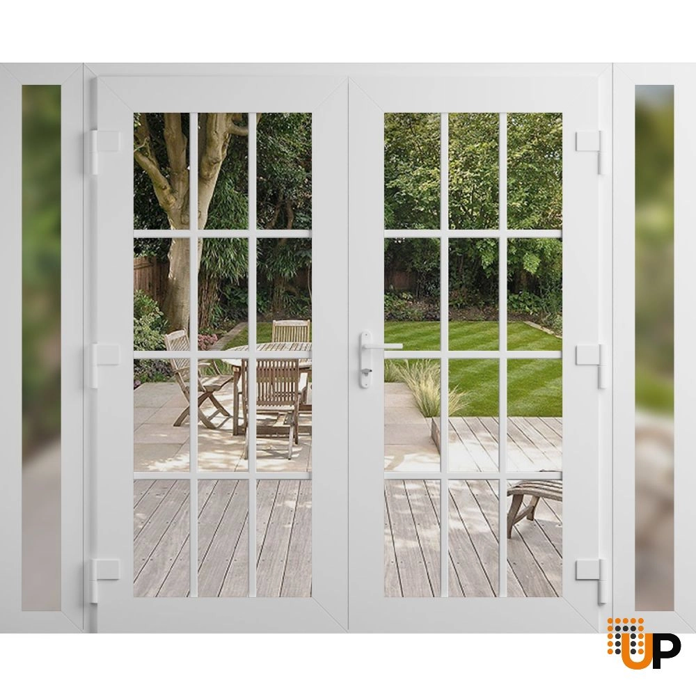 Double swing vinyl modern exterior door with clear glass | Manux 8355 White | 96 x 80 (12+72+12 x 80) photo#2