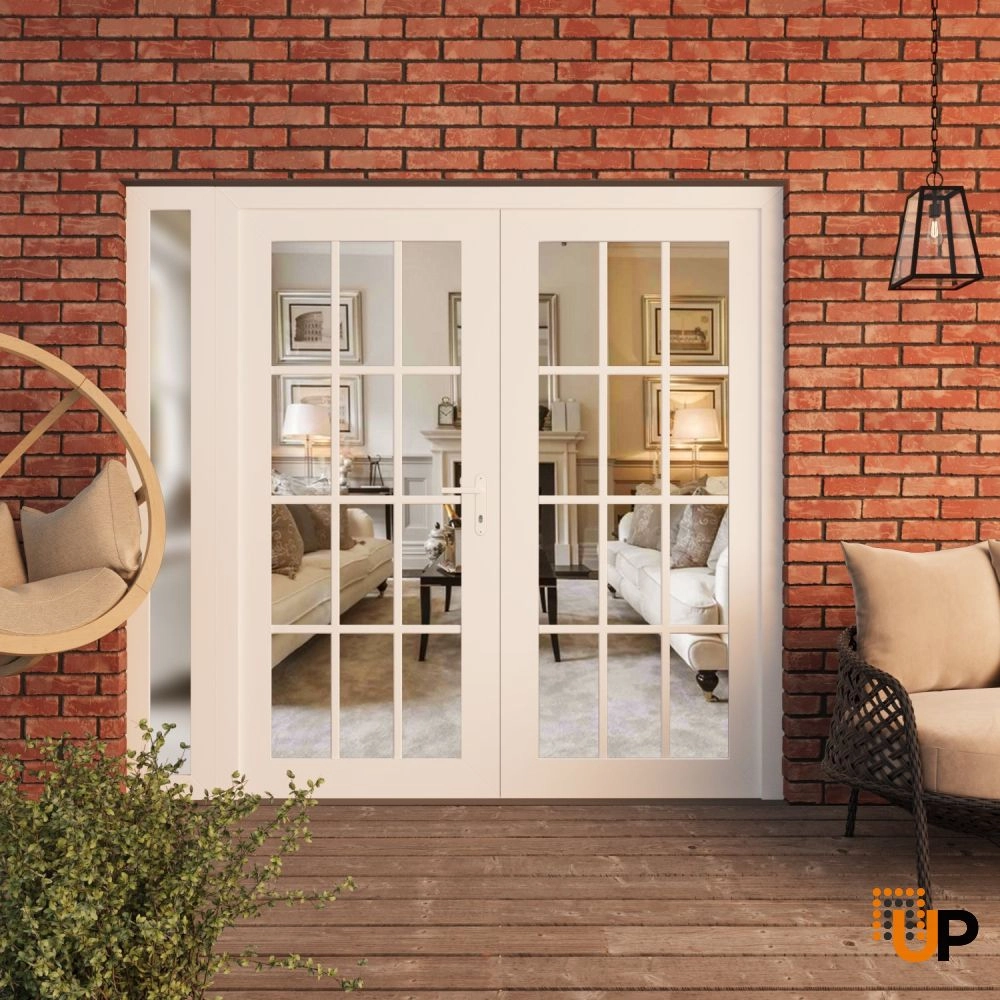 Double swing vinyl modern exterior door with clear glass | Manux 8355 White | 84 x 80 (72+12 x 80) photo#3