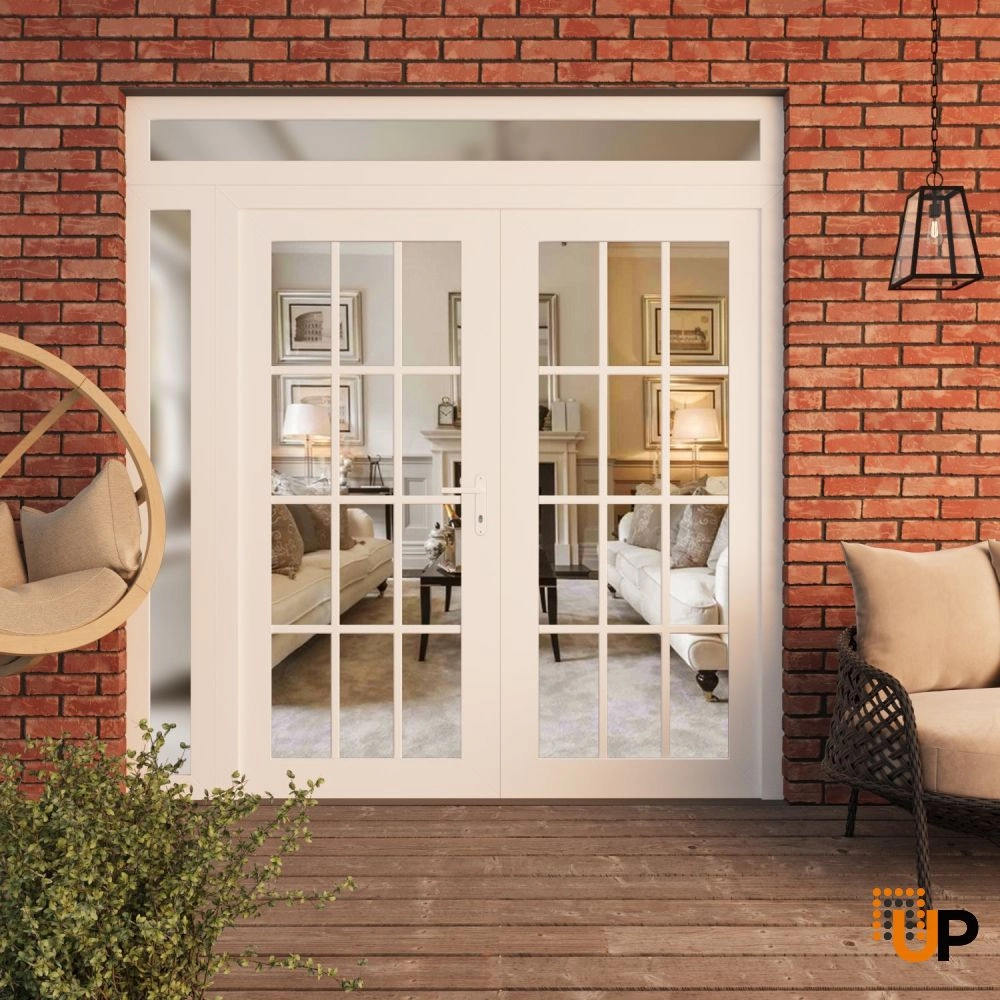 Double swing vinyl modern exterior door with clear glass | Manux 8355 White | 84 x 94 (72+12 x 80+14) photo#3