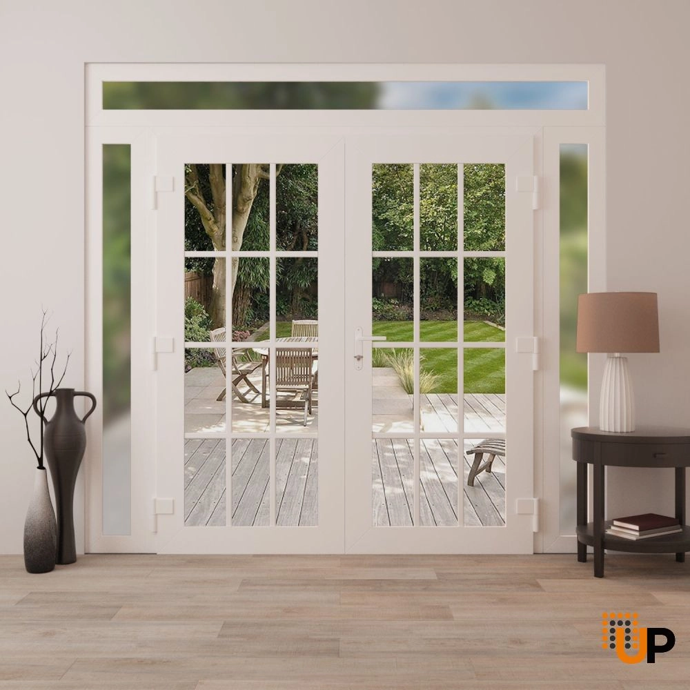 Double swing vinyl modern exterior door with clear glass | Manux 8355 White | 100 x 96 (14+72+14 x 80+16) photo#4