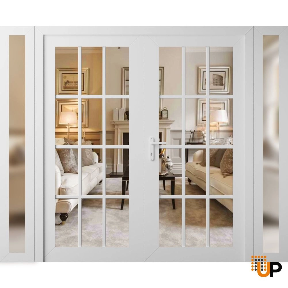 Double swing vinyl modern exterior door with clear glass | Manux 8355 White | 104 x 80 (16+72+16 x 80) photo#1