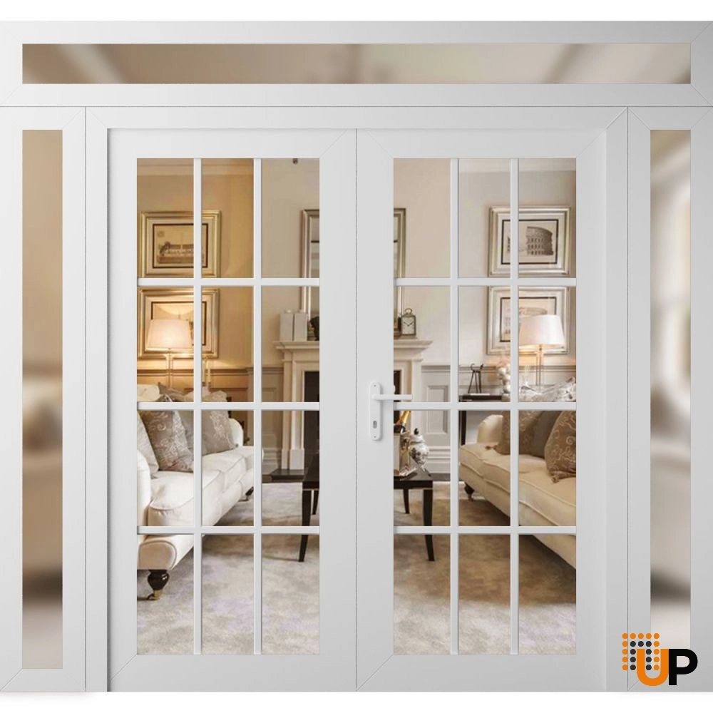 Double swing metal-plastic modern exterior door with clear glass | Manux 8355 White | 100 x 94 (14+72+14 x 80+14) photo#1