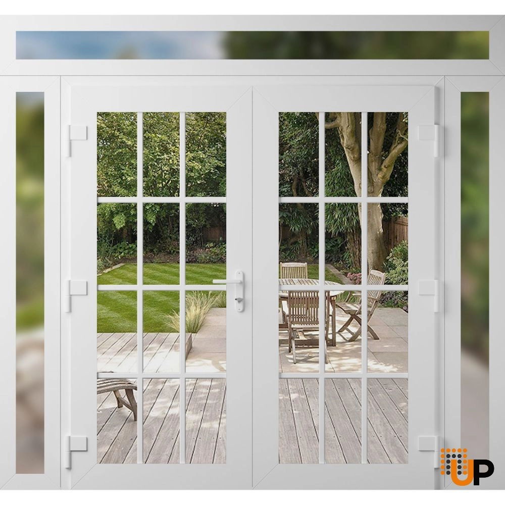 Double swing metal-plastic modern exterior door with clear glass | Manux 8355 White | 100 x 94 (14+72+14 x 80+14) photo#2