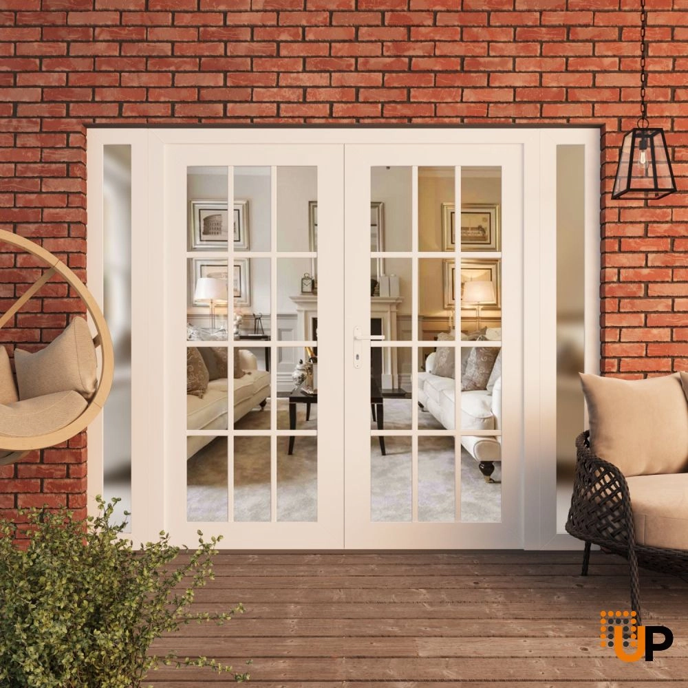 Double swing vinyl modern exterior door with clear glass | Manux 8355 White | 104 x 80 (16+72+16 x 80) photo#3