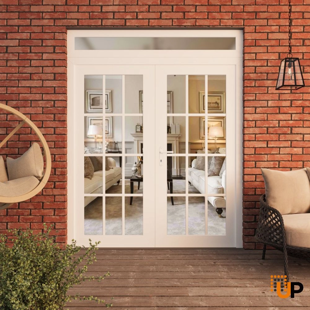 Double swing vinyl modern exterior door with clear glass | Manux 8355 White | 72 x 96 (72 x 80+16) photo#3