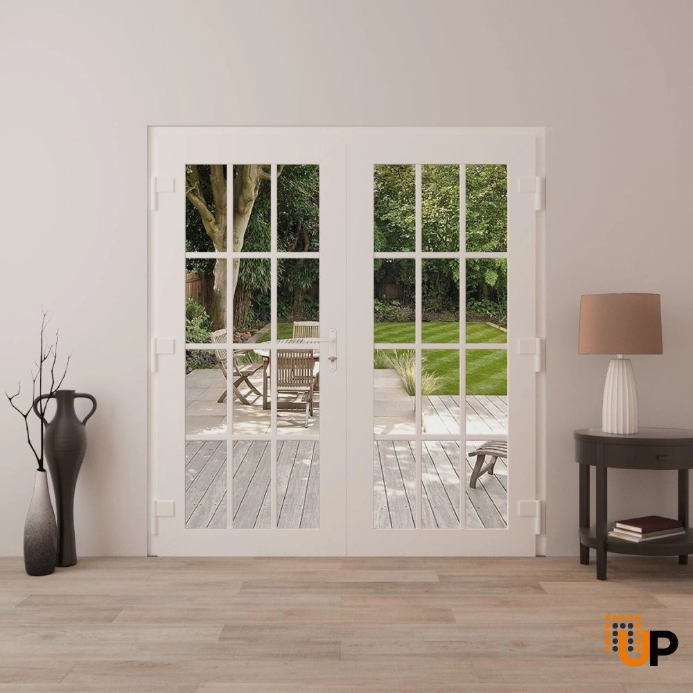Double swing metal-plastic modern exterior door with clear glass | Manux 8355 White | 72 x 80 photo#4