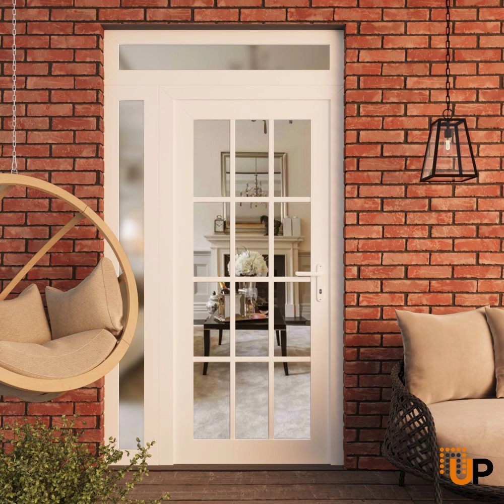 Single swing vinyl modern exterior door with clear glass | Manux 8355 White | 48 x 96 (36+12 x 80+16) photo#3