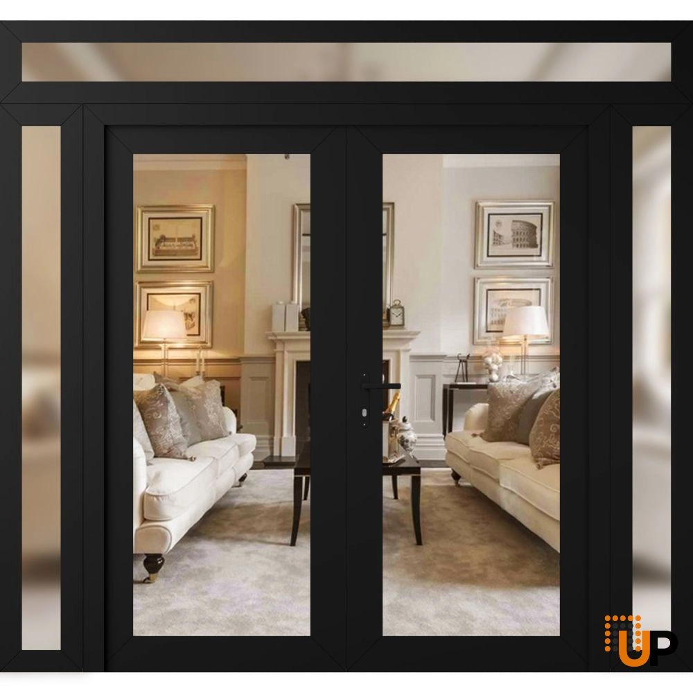 Double swing metal-plastic modern exterior door with clear glass | Manux 8666 Black Matte | 100 x 94 (14+72+14 x 80+14) photo#1