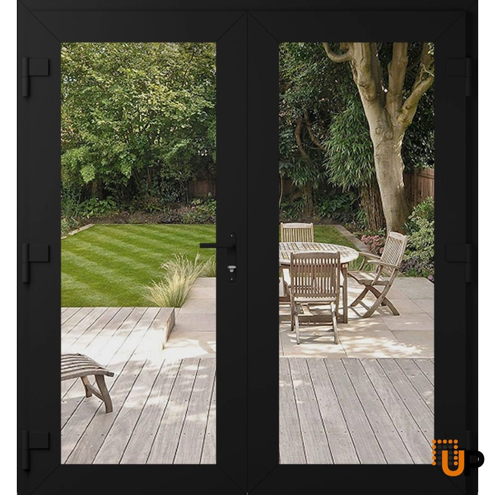 Double swing metal-plastic modern exterior door with clear glass | Manux 8666 Black Matte | 72 x 80 photo#2