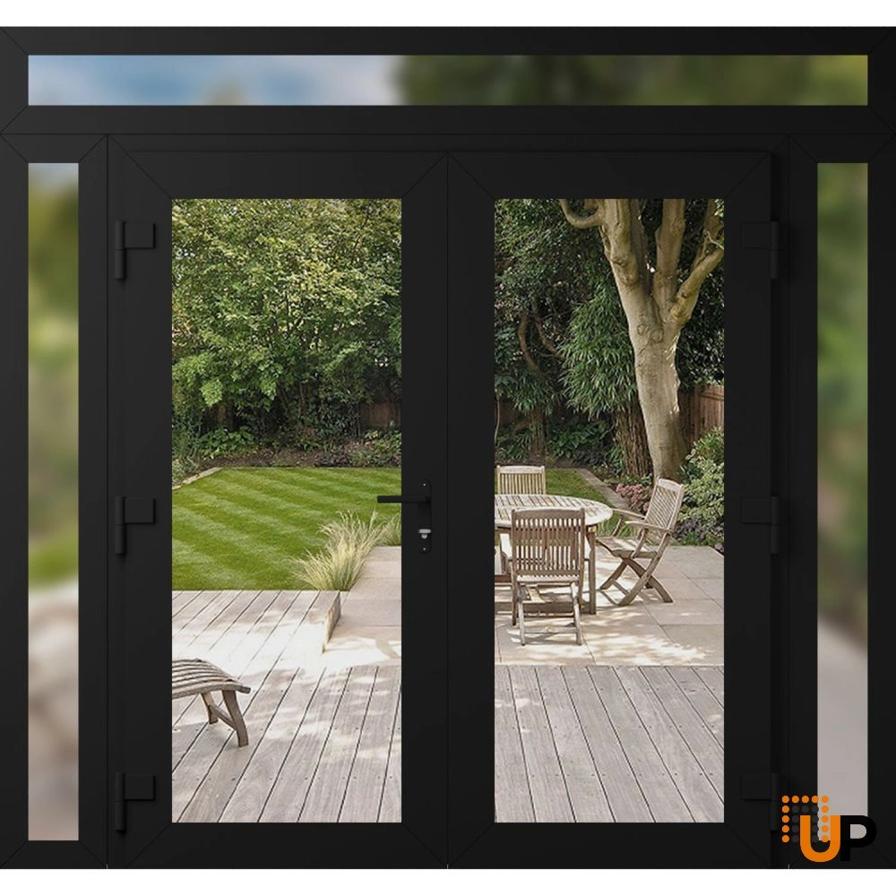 Double swing metal-plastic modern exterior door with clear glass | Manux 8666 Black Matte | 100 x 94 (14+72+14 x 80+14) photo#2