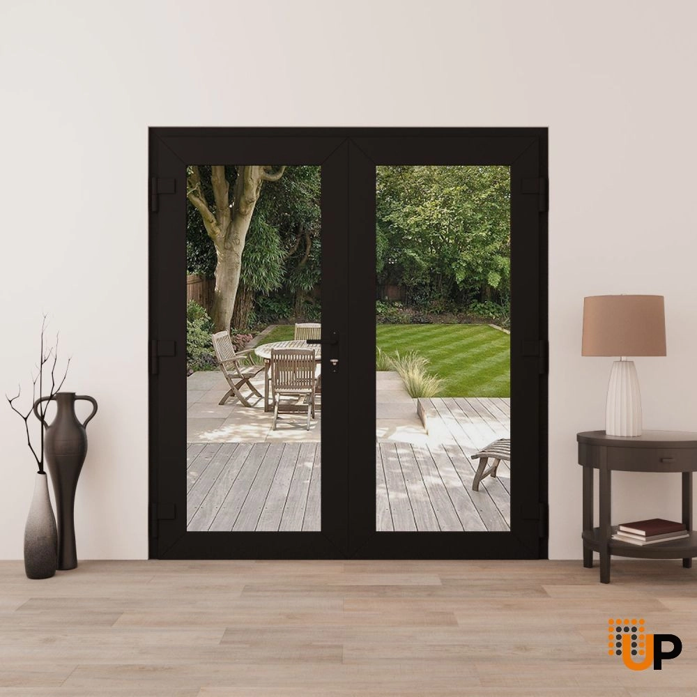 Double swing metal-plastic modern exterior door with clear glass | Manux 8666 Black Matte | 72 x 80 photo#4
