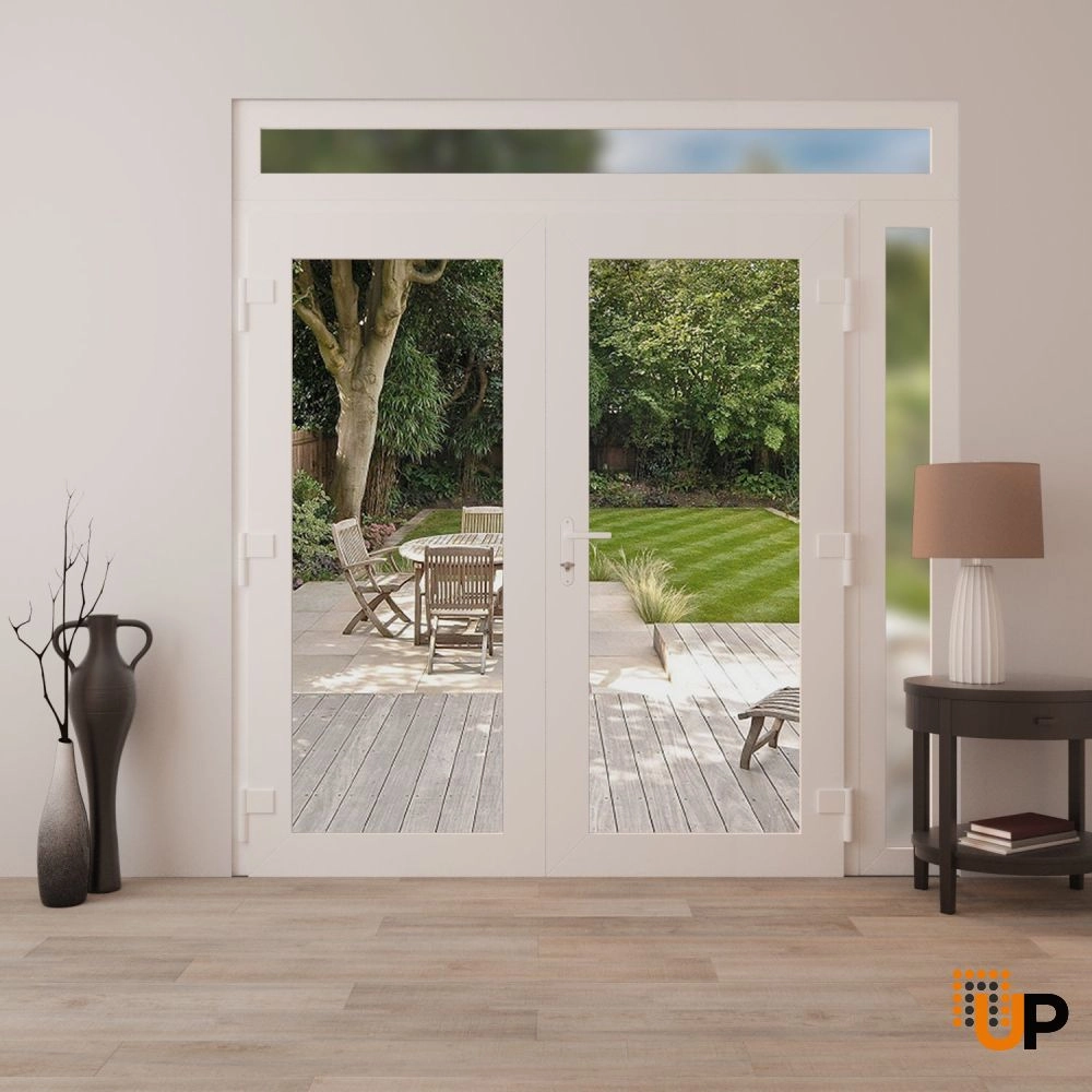 Double swing vinyl modern exterior door with clear glass | Manux 8666 White | 84 x 92 (72+12 x 80+12) photo#4