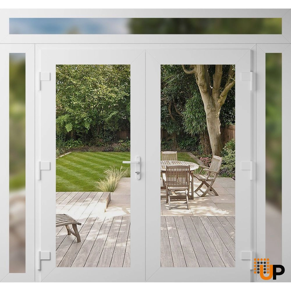 Double swing metal-plastic modern exterior door with clear glass | Manux 8666 White | 100 x 94 (14+72+14 x 80+14) photo#2