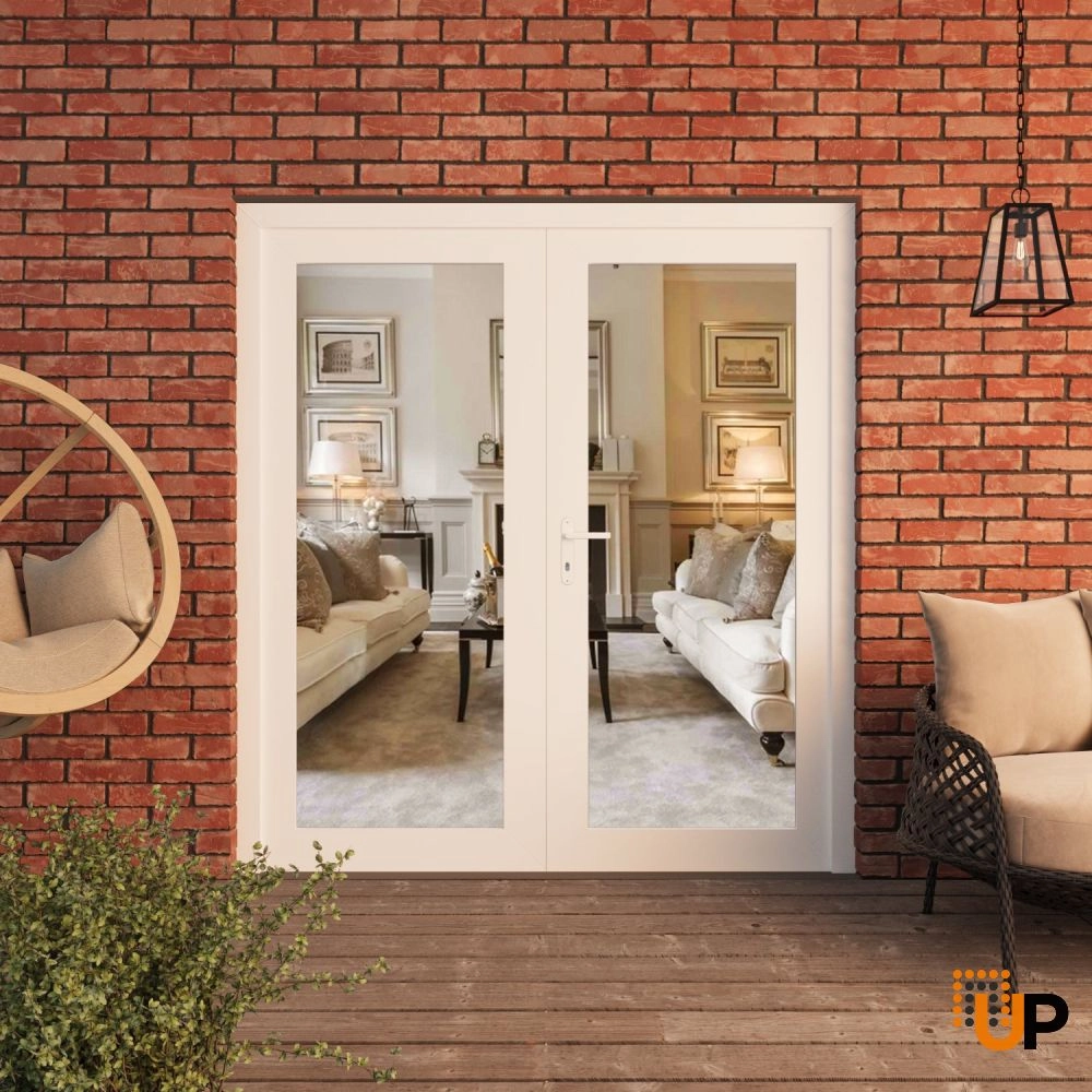 Double swing metal-plastic modern exterior door with clear glass | Manux 8666 White | 72 x 80 photo#3