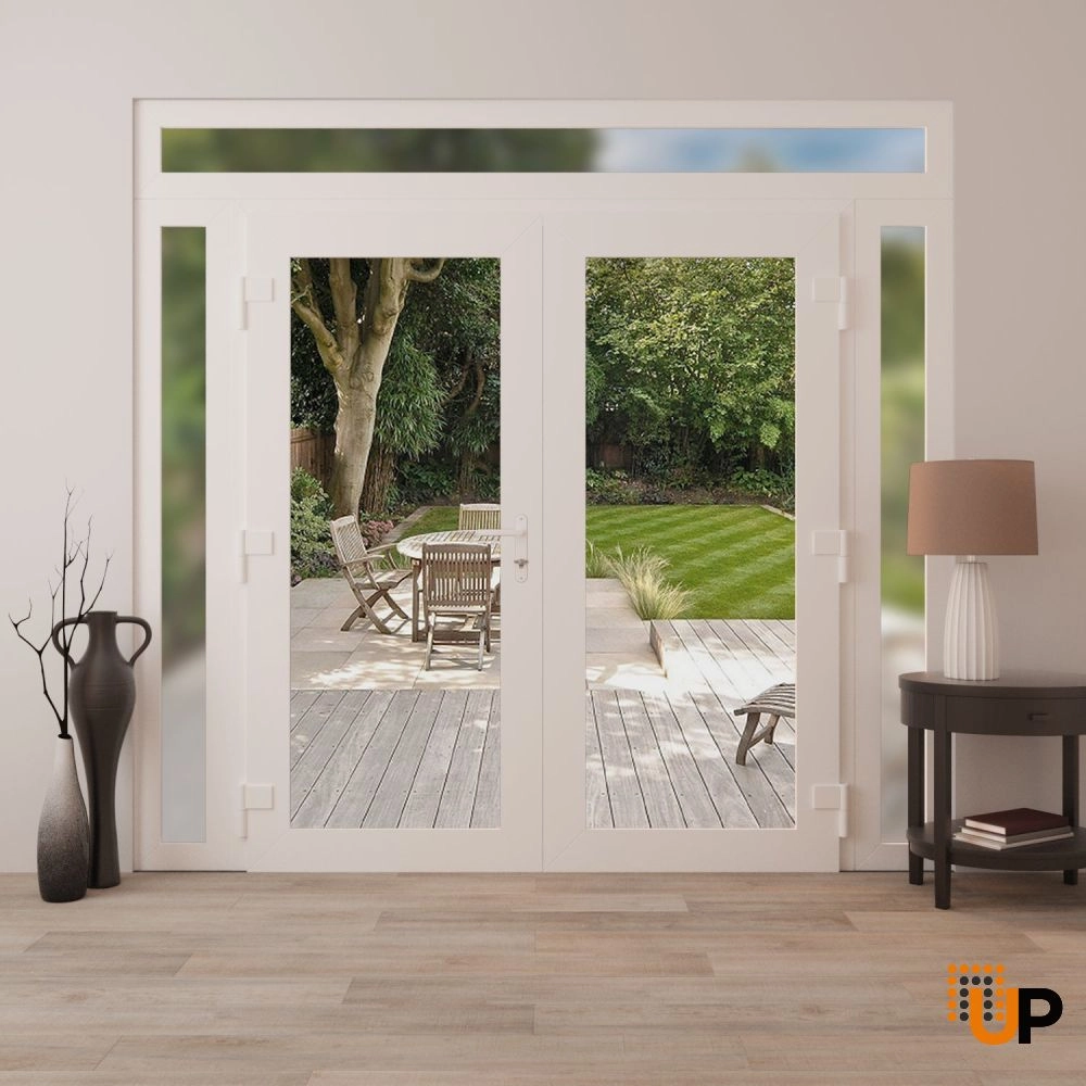 Double swing metal-plastic modern exterior door with clear glass | Manux 8666 White | 100 x 94 (14+72+14 x 80+14) photo#4
