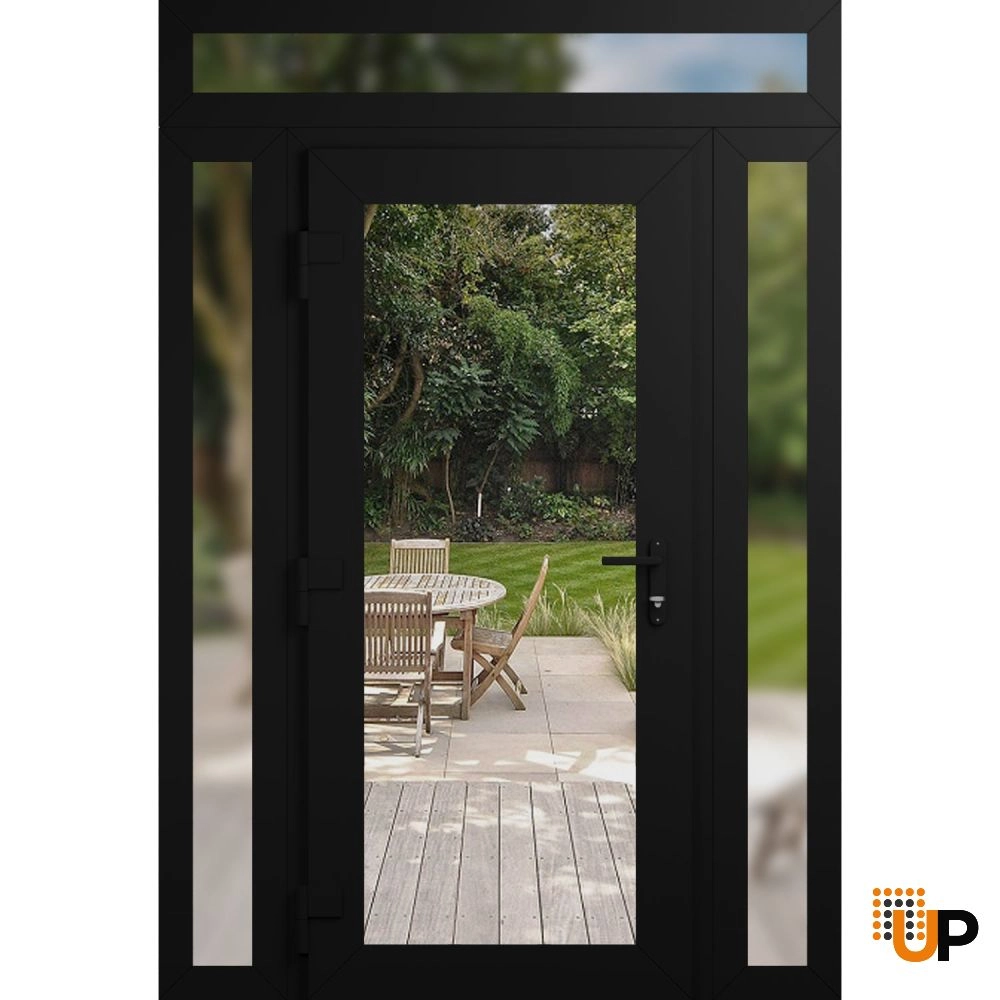 Single swing vinyl modern exterior door with clear glass | Manux 8666 Black Matte | 54 x 96 (12+30+12 x 80+16) photo#2