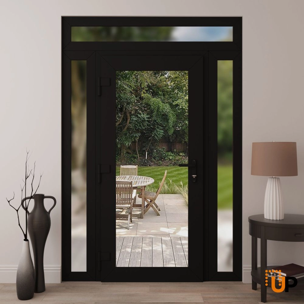 Single swing vinyl modern exterior door with clear glass | Manux 8666 Black Matte | 54 x 96 (12+30+12 x 80+16) photo#4
