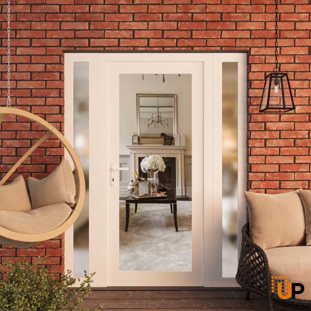 Single swing vinyl modern exterior door with clear glass | Manux 8666 White | 58 x 80 (14+30+14 x 80) photo#3