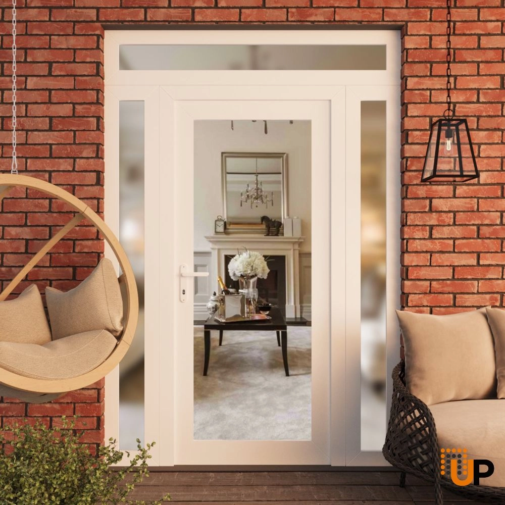 Single swing vinyl modern exterior door with clear glass | Manux 8666 White | 58 x 96 (14+30+14 x 80+16) photo#3