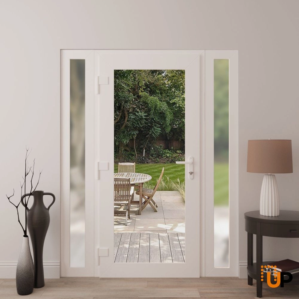 Single swing vinyl modern exterior door with clear glass | Manux 8666 White | 58 x 80 (14+30+14 x 80) photo#4