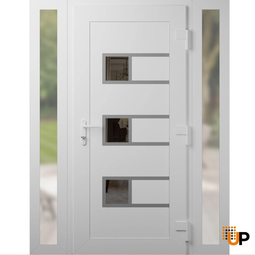 Single swing metal-plastic modern exterior door with tempered | Manux 8933 White | 54 x 80 photo#2